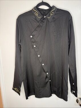 Black Men's Long-Sleeve Shirt with Gold Stitch Accents